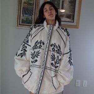 Anthropologie Ivory Puffer Jacket with Black Embroidered Floral